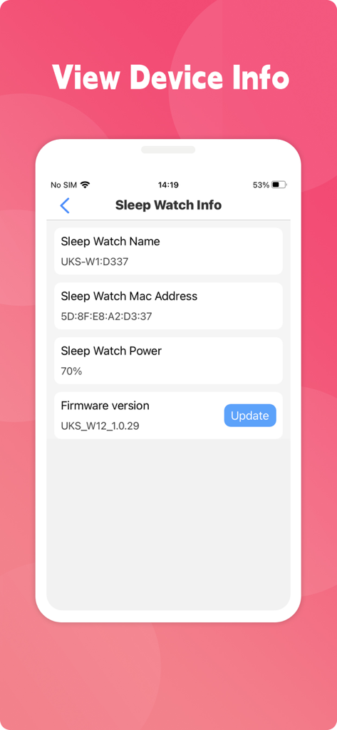 Sleep Watch - Pantalla de la aplicación de monitorización clínica del sueño que muestra detalles del hardware como la versión del firmware y los niveles de energía del dispositivo