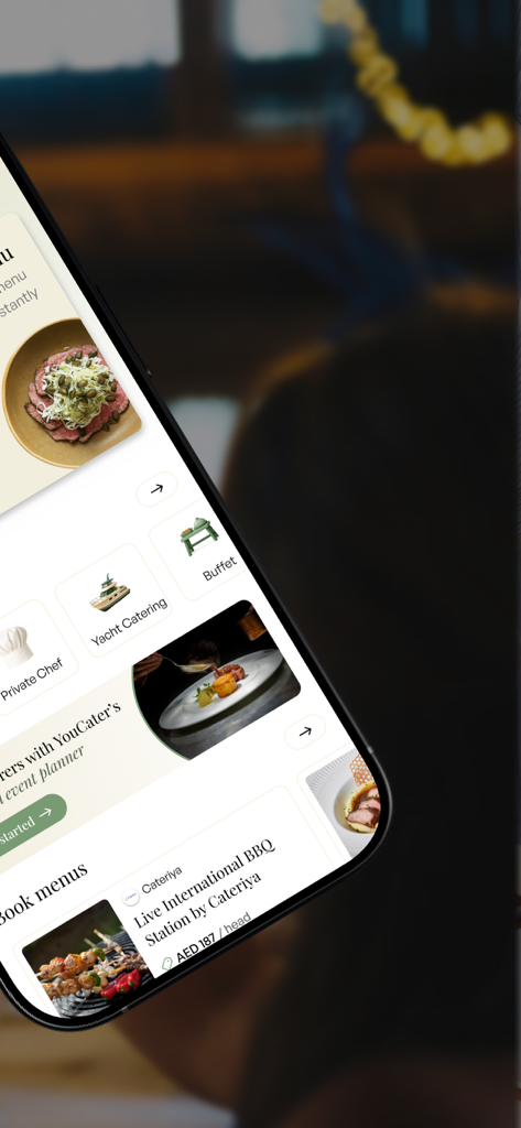 YouCater - Event Catering - YouCater app interface showing catering categories including private chef and yacht catering