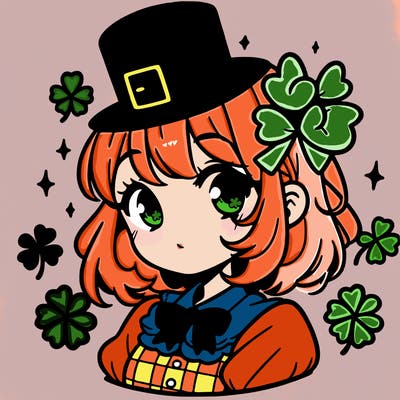 a manga-style girl with clovers around her, a little hat in her hair, like it's saint patrick's day