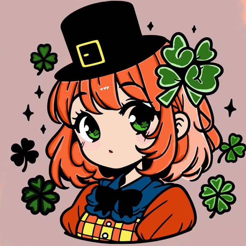 a manga-style girl with clovers around her, a little hat in her hair, like it's saint patrick's day