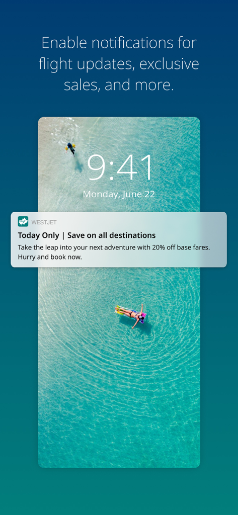 WestJet - Notificación de la aplicación móvil WestJet que muestra una oferta de descuento de vuelo del 20 por ciento por tiempo limitado