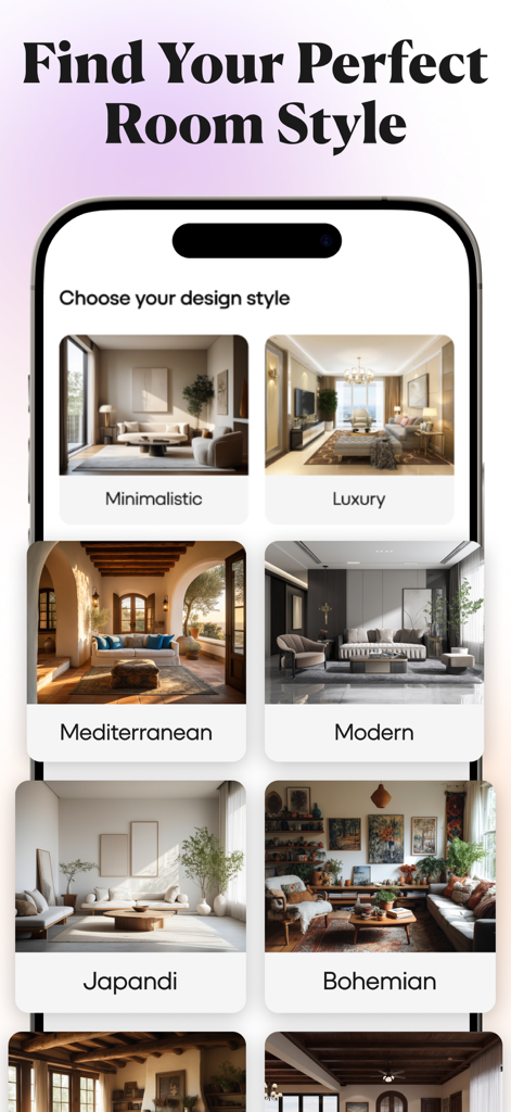 Tela do aplicativo NestAI mostrando vários estilos de design de interiores como Minimalista, Luxo, Japandi e Boêmio