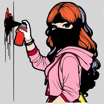 realistic girl with mask spray painting a wall