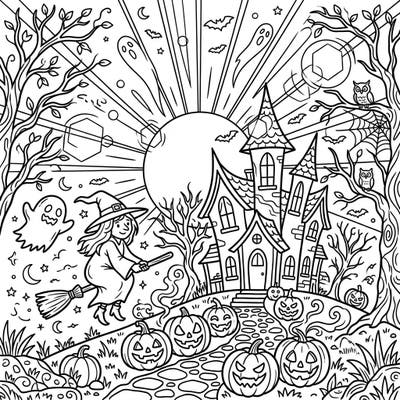 Get ready for a magical Halloween with this captivating coloring page featuring a whimsical witch flying past a haunted house. The scene is illuminated by mystical sun glares, creating an exciting and spooky atmosphere for your creative touch.