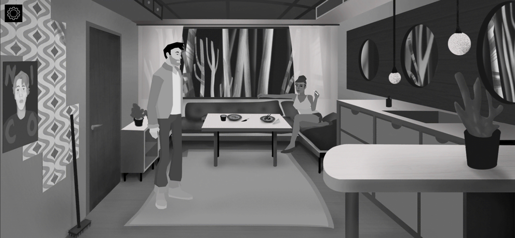 AWAKE - Definitive Edition - Uma cena a preto e branco do jogo AWAKE mostrando dois personagens dentro de uma cabana moderna