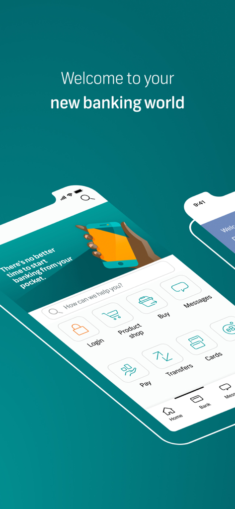 A tela de boas-vindas do FNB Banking App exibindo o painel principal com ícones para pagamentos, transferências e gerenciamento de cartões.