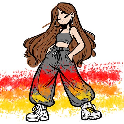 girl in baggy pants crop top and long hair
