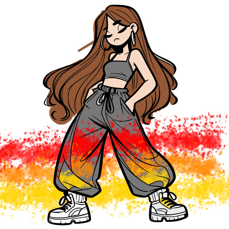 girl in baggy pants crop top and long hair