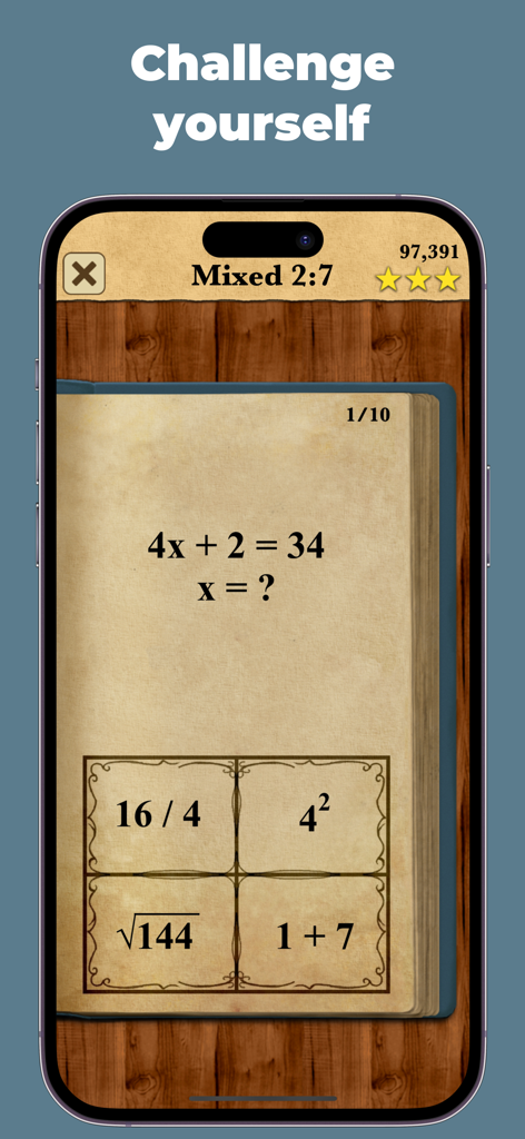 Problema de ecuación algebraica en un fondo de papel medieval en el juego móvil King of Math.