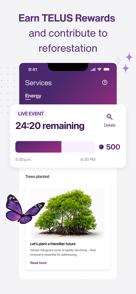 A smartphone screen from the TELUS SmartHome+ app showing how to earn rewards for energy conservation and contribute to reforestation.