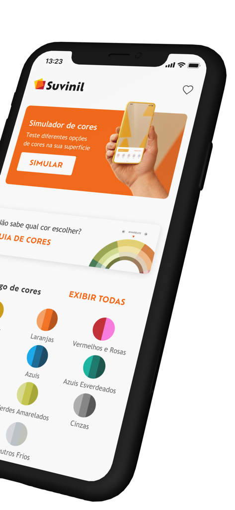 Suvinil Teste Sua Cor - Suvinil Teste Sua Cor app interface featuring a color simulator and various paint color categories for home renovation.