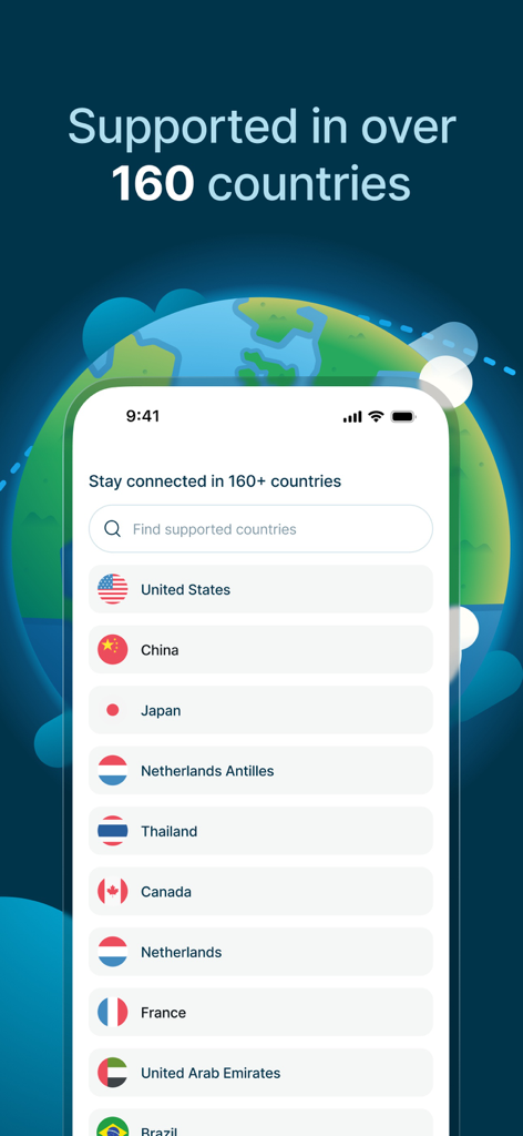 StaffTraveler eSIM - A smartphone screen showing the StaffTraveler eSIM app interface with a list of supported countries including the United States China and Japan