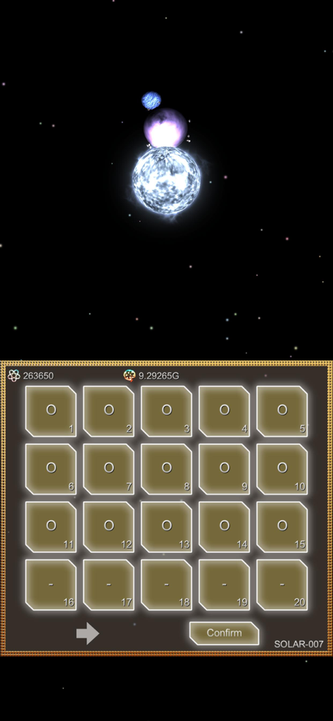 Evolution Planet - 14 Billion - A grid of numbered save slots for custom solar systems in Evolution Planet.