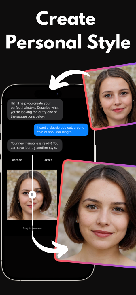 Interface de chat du styliste IA dans l'application Essai de coiffure montrant une comparaison avant/après d'une femme essayant une coupe bob classique