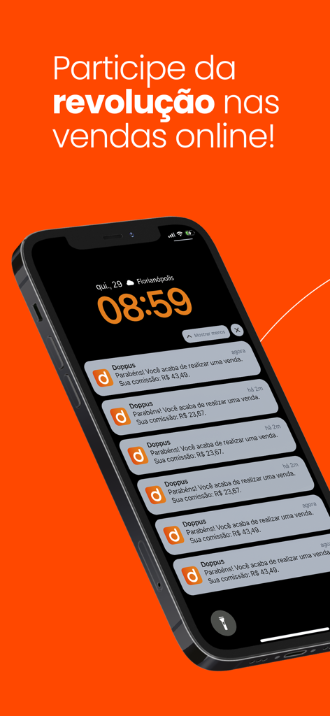 Doppus - Una schermata di blocco di un iPhone che visualizza più notifiche push in tempo reale dall'app Doppus su vendite online e commissioni