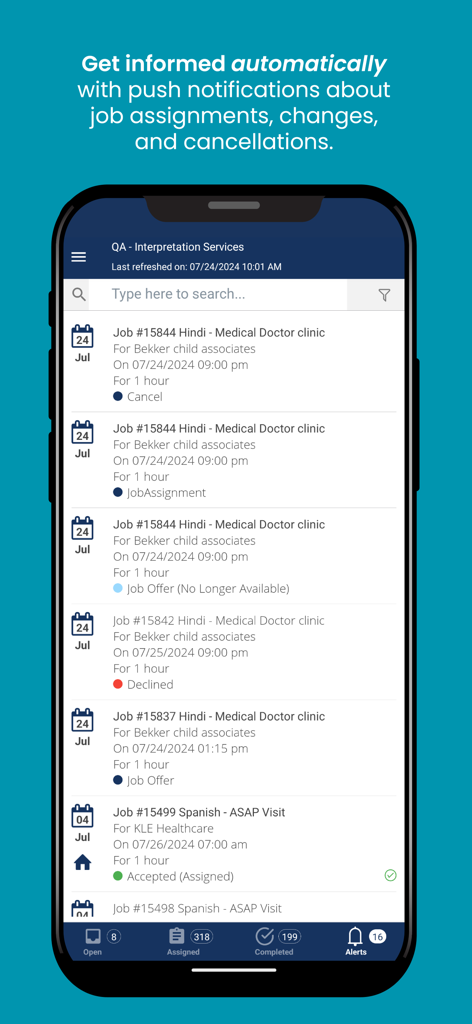Propio Workforce OS - Interfaz de la aplicación móvil Propio Workforce OS que muestra las asignaciones de trabajo y las notificaciones del intérprete.