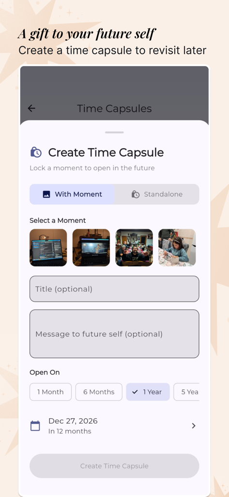 Screenshot of the Highlight app showing the create time capsule screen with options to lock moments for the future