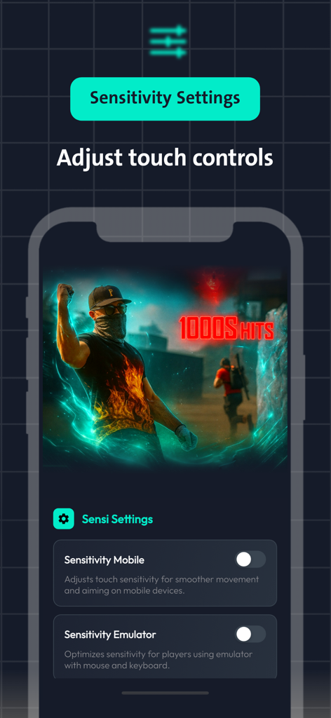 FFH Quatro - FFH Quatro app sensitivity settings menu with options for mobile and emulator touch control adjustment
