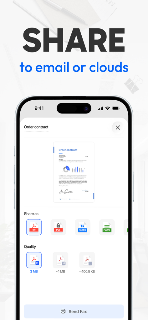 Tiny Scanner mobile app interface showing options to share a scanned document to email or cloud storage in PDF Word or Excel formats