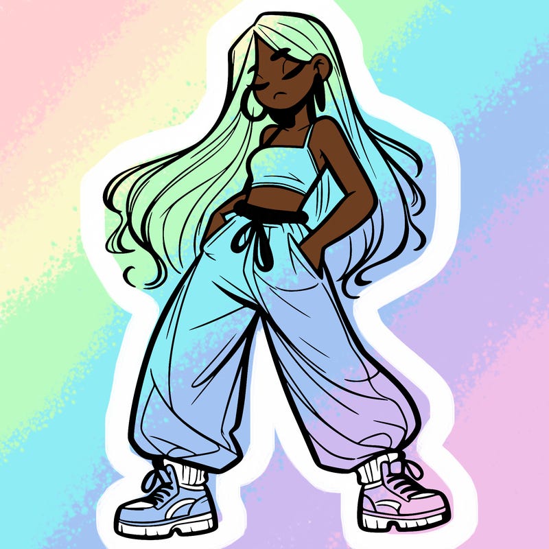 girl in baggy pants crop top and long hair