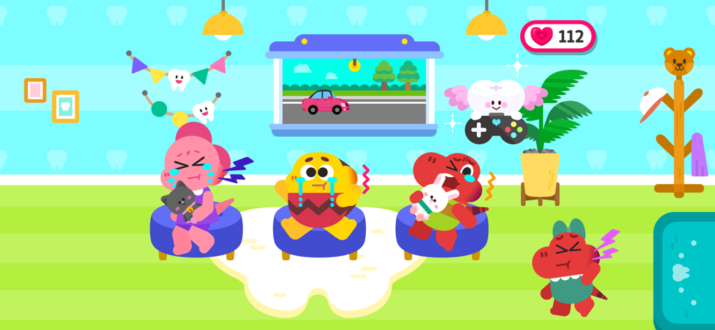 Personajes dinosaurios de Cocobi con dolor de muelas en la sala de espera del hospital