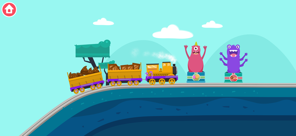 Un train de dessin animé transportant une cargaison en montée devant des monstres amicaux dans un jeu éducatif coloré pour enfants d'âge préscolaire.