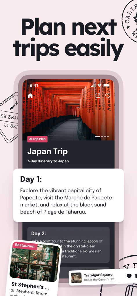 L'interfaccia dell'app Piri Travel Guide che mostra un itinerario di 7 giorni basato sull'IA per un viaggio in Giappone.