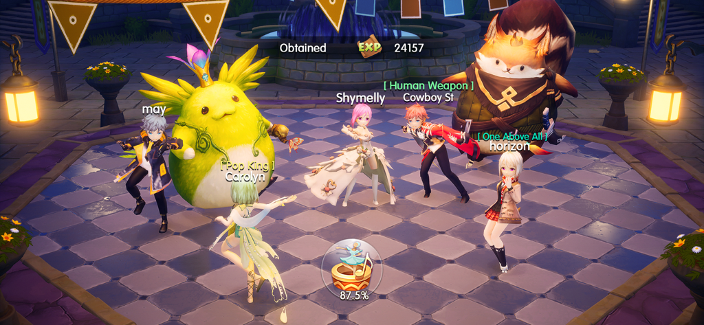 Tales of Wind: Radiant Rebirth - Grupo de personajes de anime y grandes mascotas lindas posando juntas en una plaza decorada dentro del juego Tales of Wind