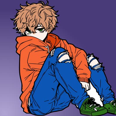 a male hoddie ripped jeans messy hair anime