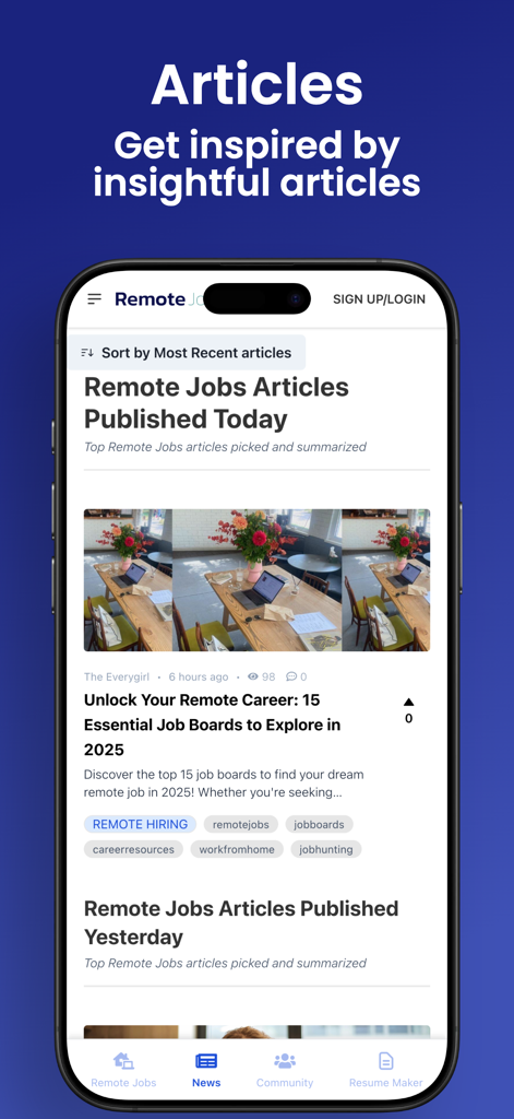 Remote Jobs Hub - Smartphone screen displaying career articles and remote work news on the Remote Jobs Hub app.
