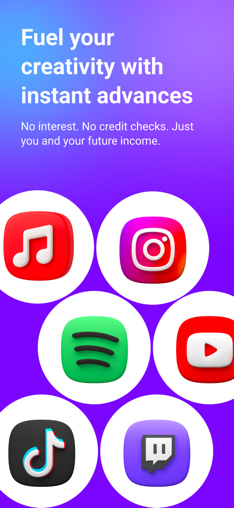 Creator Cash App - Creator Cash App promotional screen offering instant cash advances for digital creators on social media platforms