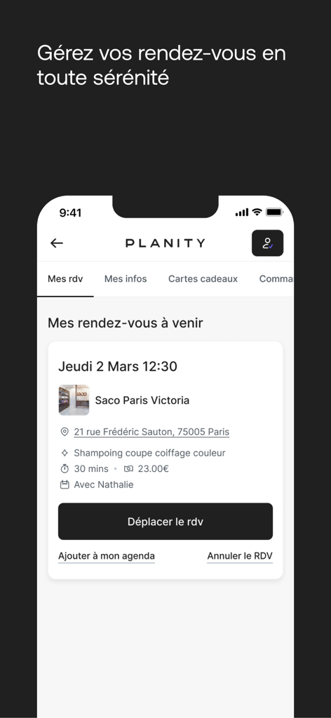 Planity app screen showing upcoming salon appointment details with options to reschedule or cancel