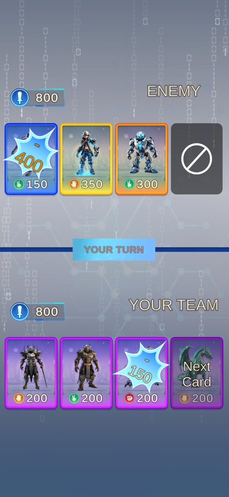 AI Robot Fusion Forge - Una pantalla de batalla estratégica de cartas que muestra dos equipos de robots generados por IA enfrentándose en combate