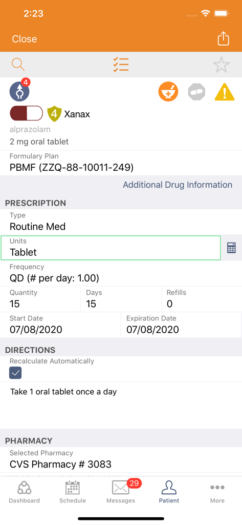 AdvancedMD Mobile - Interface of AdvancedMD Mobile showing electronic prescription details for a patient medication