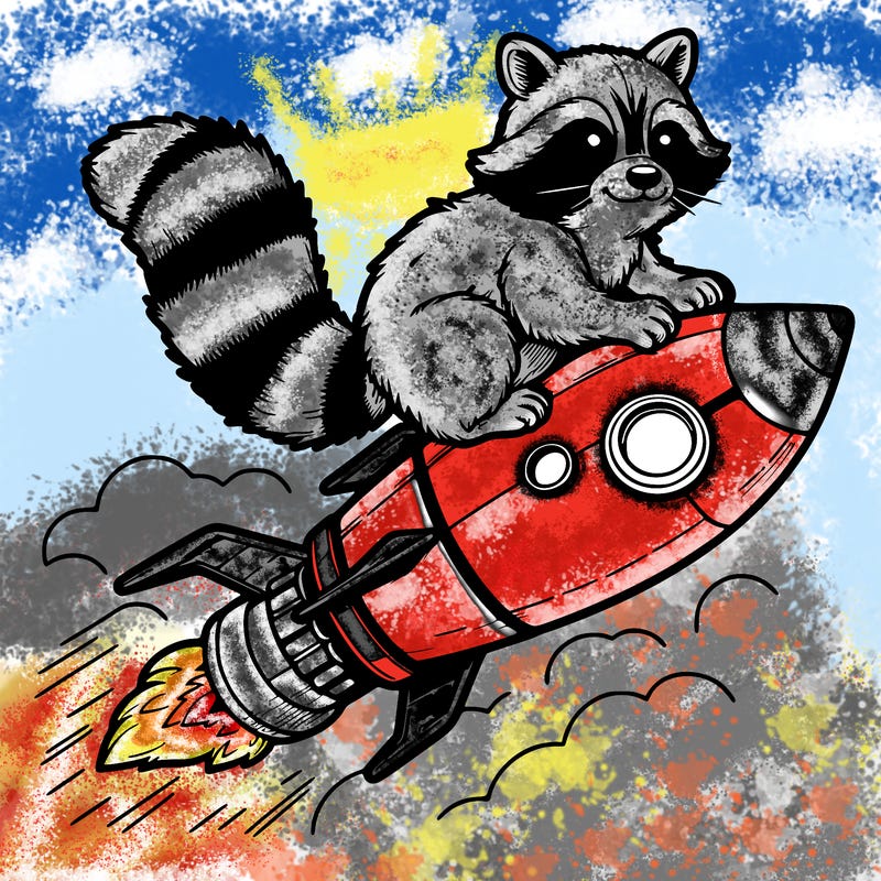 realistic raccoon flying on top rocket ship