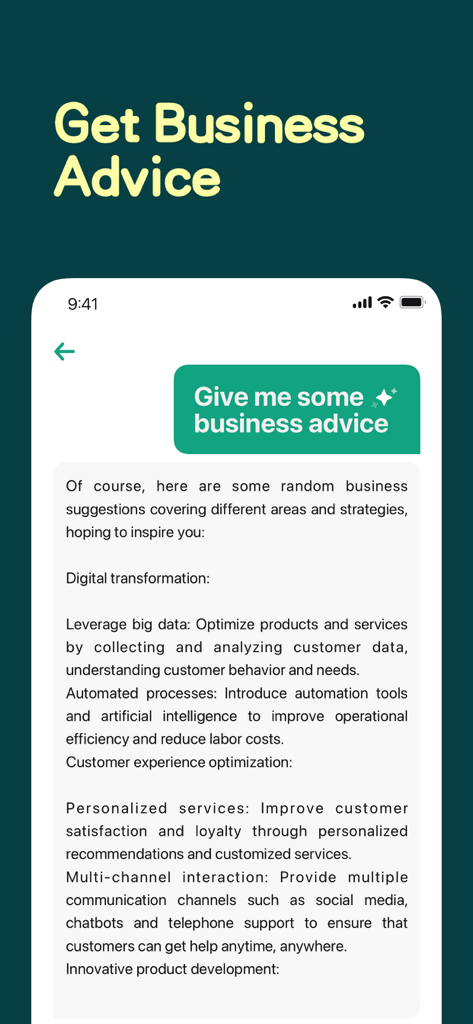 Interfaz del chatbot Chatbox AI mostrando consejos de negocios y sugerencias de transformación digital