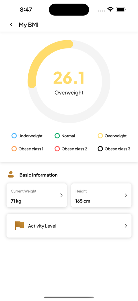 Pantalla de seguimiento del IMC mostrando una puntuación de 26.1 y el peso y altura del usuario