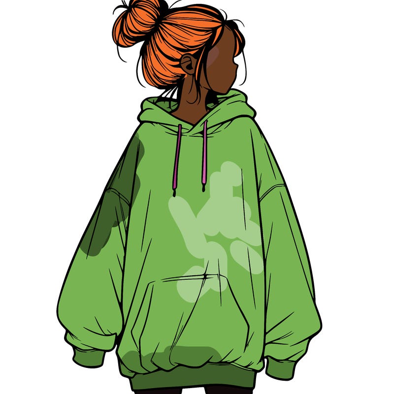 realistic girl with a oversized sweatshirt on and a bun