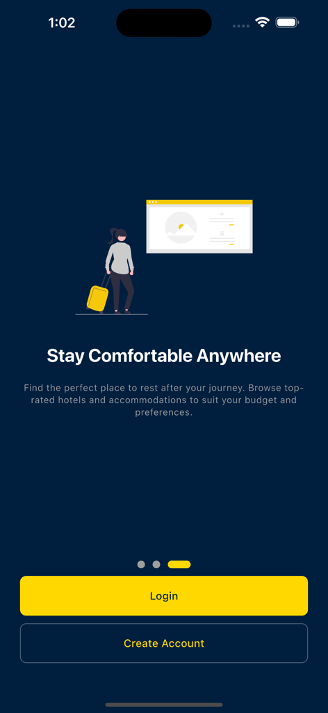 Let's GO - Lets GO app screen for finding hotels and accommodations with login and create account options