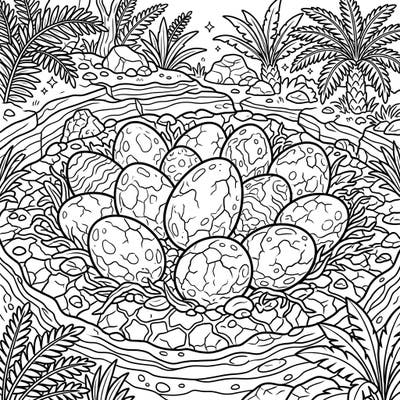 Dive into a prehistoric adventure with this captivating coloring page featuring a nest of fossilized Titanosaur dinosaur eggs. Explore the intricate details of ancient life as you bring this unique scene to vibrant color.