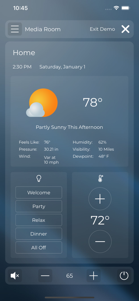 RTiPanel - RTiPanel smart home interface showing weather information lighting scenes and climate controls