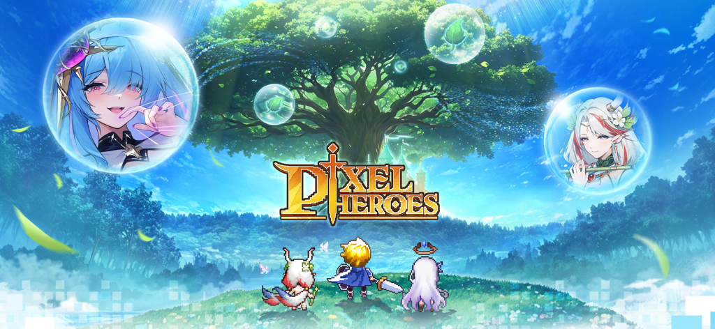 Pixel Heroes: Tales of Emond - Pixel Heroes Tales of Emond game art featuring pixelated adventurers and anime character portraits in a lush fantasy landscape