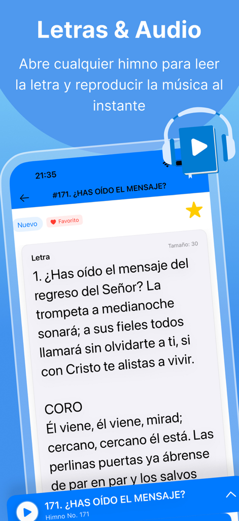 Himnario Nuevo Y Antiguo - Interface of the Adventist hymnal app showing hymn lyrics and audio playback options