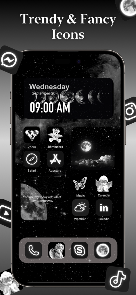 Pantalla de teléfono inteligente que muestra iconos y widgets personalizados con estética oscura