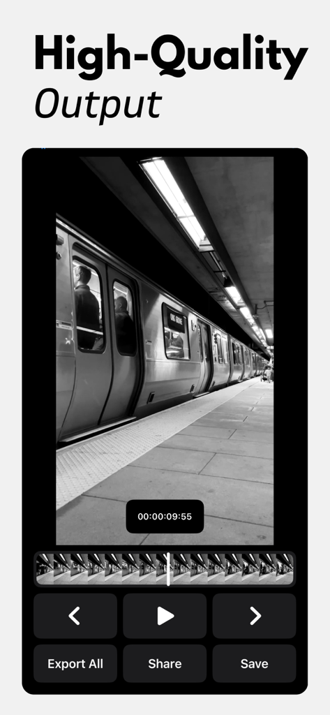 Frame Grabber: Video to Pic - Frame Grabber app interface showing high quality extraction of a black and white video frame from a train station clip