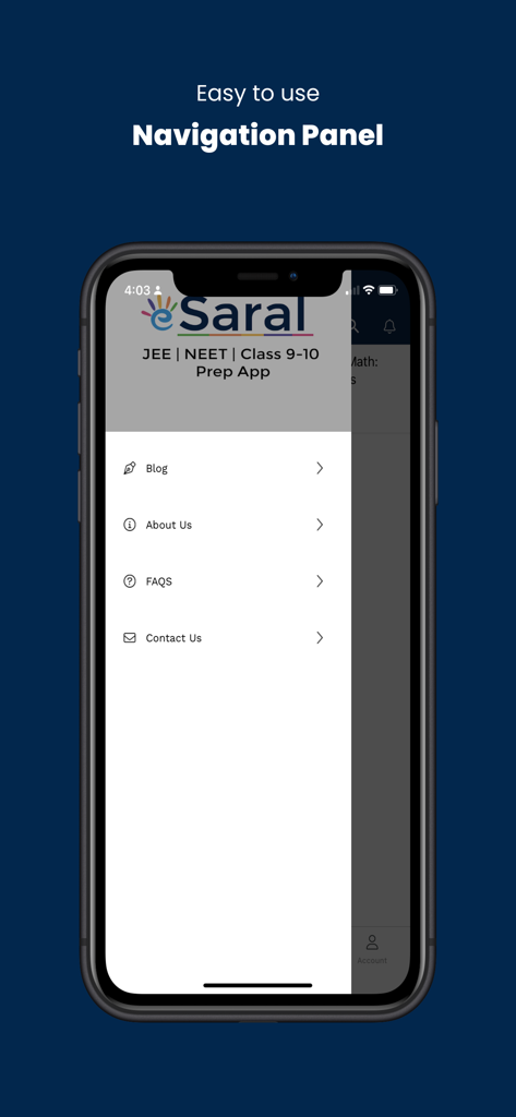 eSaral - Side navigation menu of the eSaral educational app showing options for blog and support