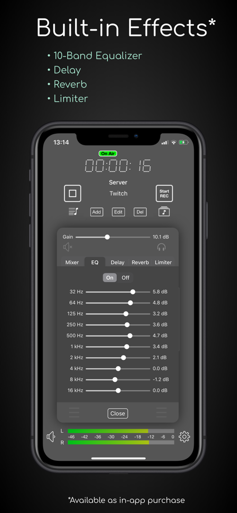 iziCast - iziCast app interface showing a 10-band equalizer and built-in audio effects for live broadcasting