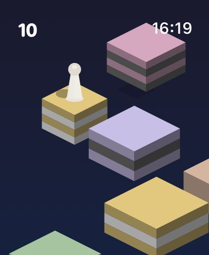 Jump! for Watch - Gameplay screen of Jump for Watch showing a character jumping between 3D platforms