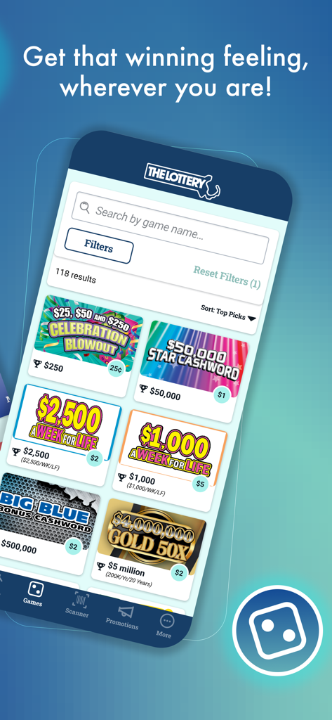 MA Lottery - Massachusetts State Lottery mobile app screen displaying a search bar and various scratch-off game options