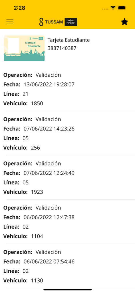 A screen from the AppTUSSAM mobile app displaying the validation history and details of a monthly student transit card.